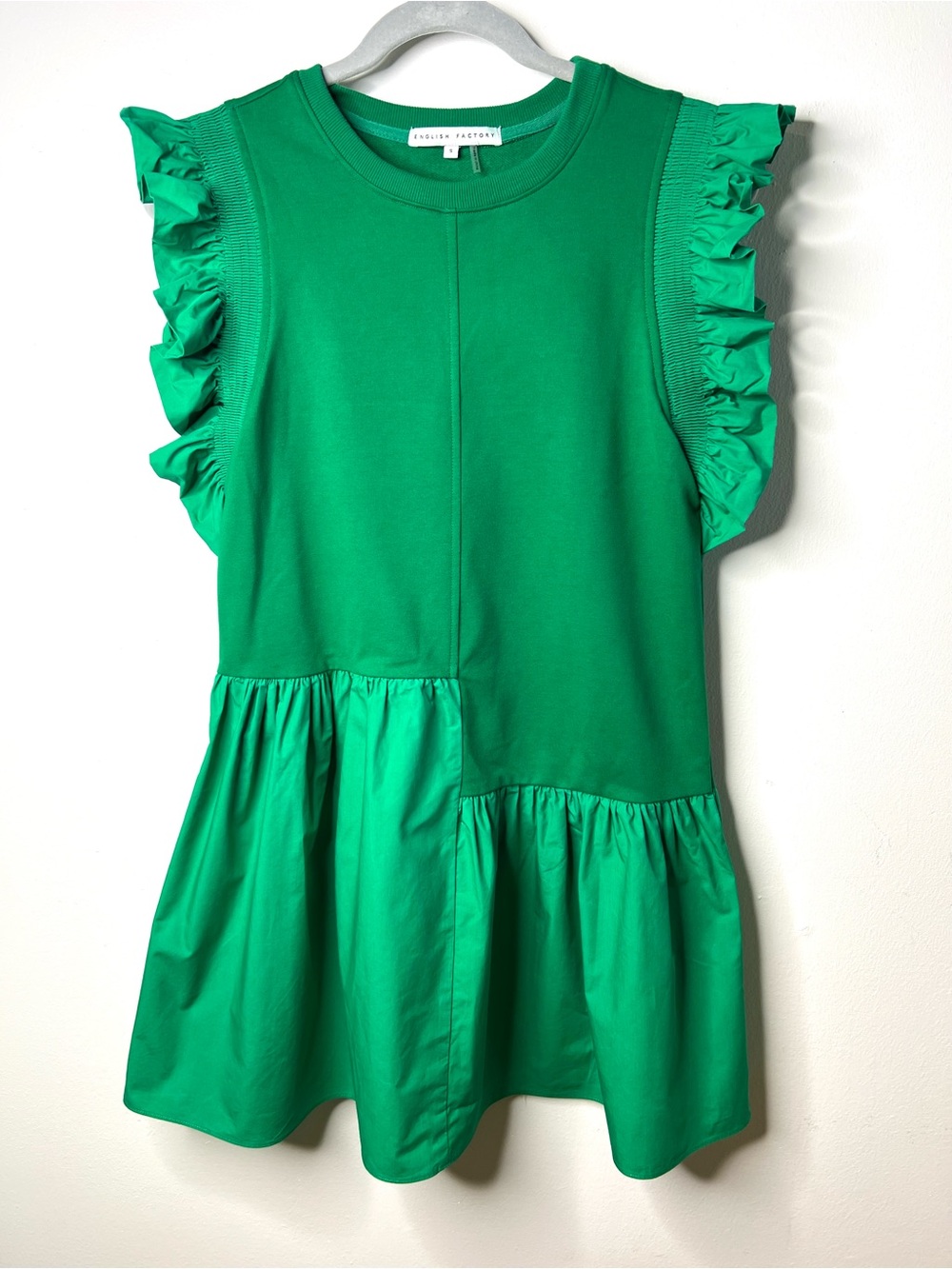 Anthropologie English Factory Green Ruffle Sleeve Drop Waist Mini Dress SZ S EUC